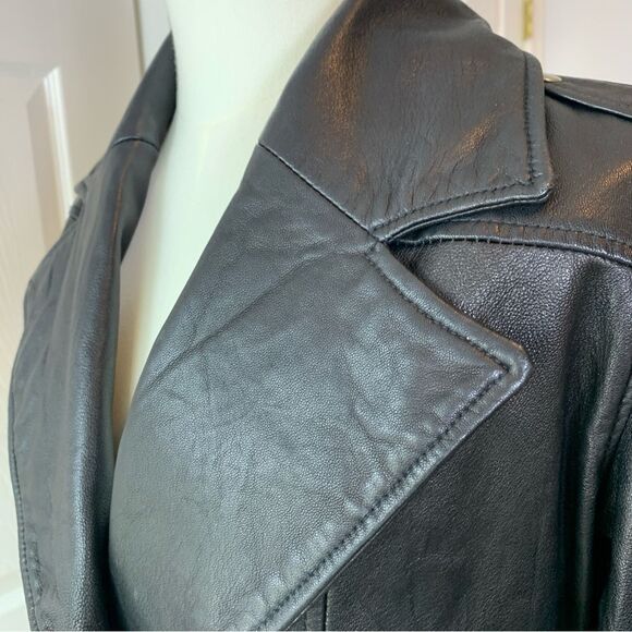 Mike & Chris Black Leather Jacket 3/4 Sleeve Wide Lapel Cropped Moto Size S - Picture 4 of 15